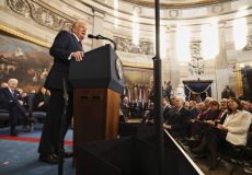 President Donald Trump speaks during the 60th Presidential Inauguration in the Rotunda of the U.S. Capitol in Washington, Monday, Jan. 20, 2025. (Chip Somodevilla/Pool Photo via AP)